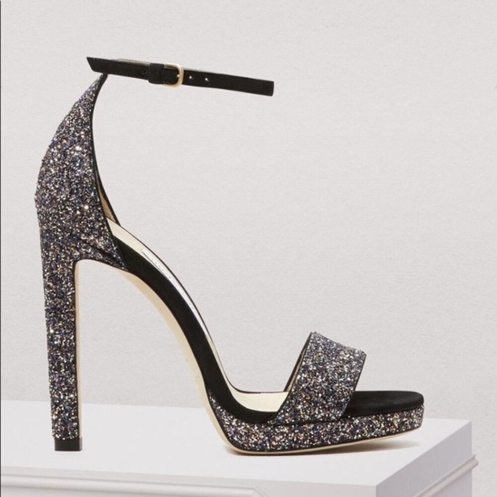 Jimmy Choo Leather Misty 120 Twilight Black Suede Glitter Sandals Heels 38.5/8.5